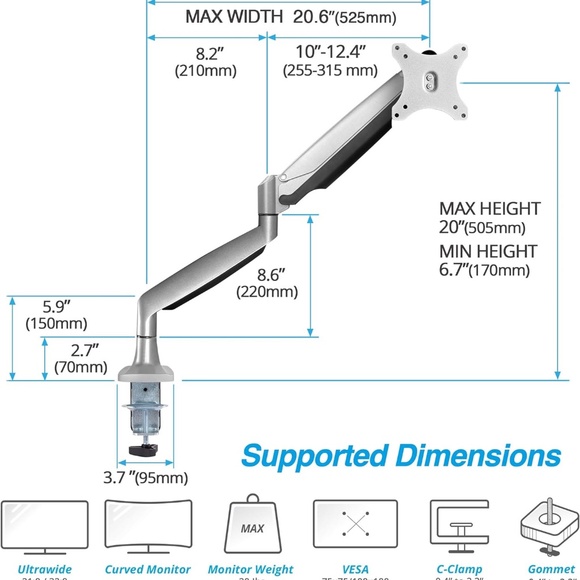 AVLT Single 13"-34" Monitor Arm Desk Mount fits One Flat/Curved/Ultrawide Monito - Picture 4 of 8